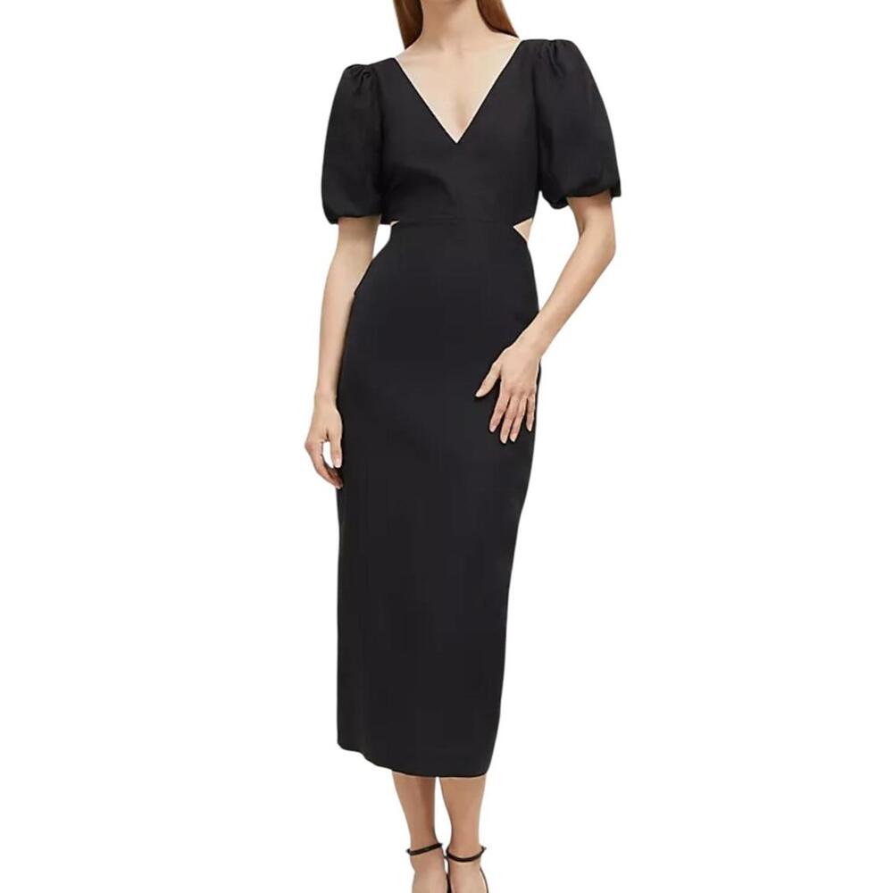 Ann Taylor Black Midi Dress with Puff Sleeves